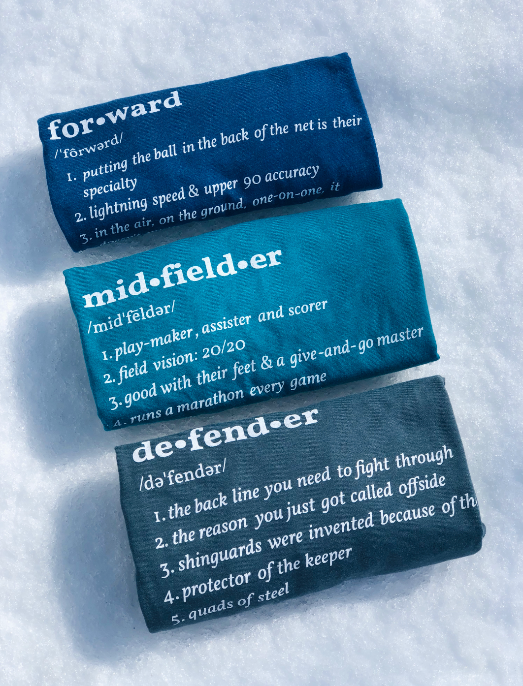 forward midfield and defender blue shirts for soccer girls in snow 