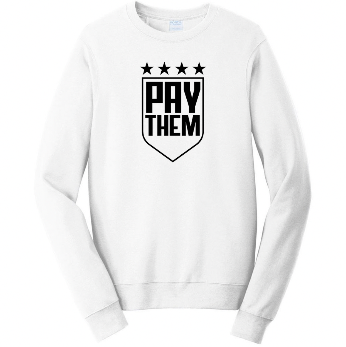 white crewneck sweatshirt with pay them imprint in black by soccergrlprobs