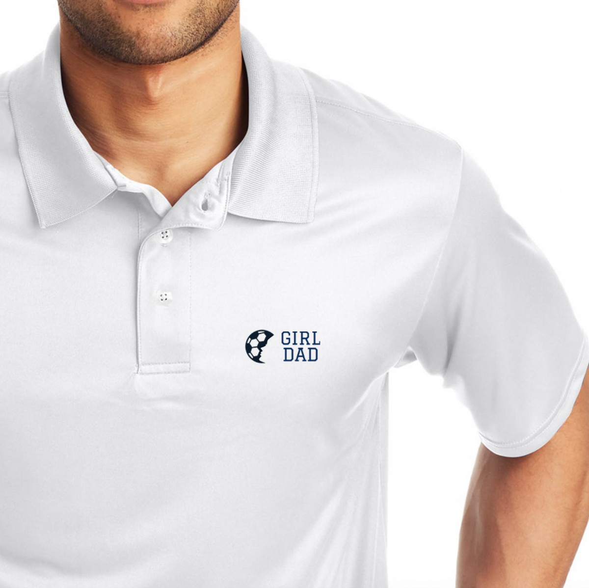 girl dad embroidered navy and white performance polo golf shirt soccer
