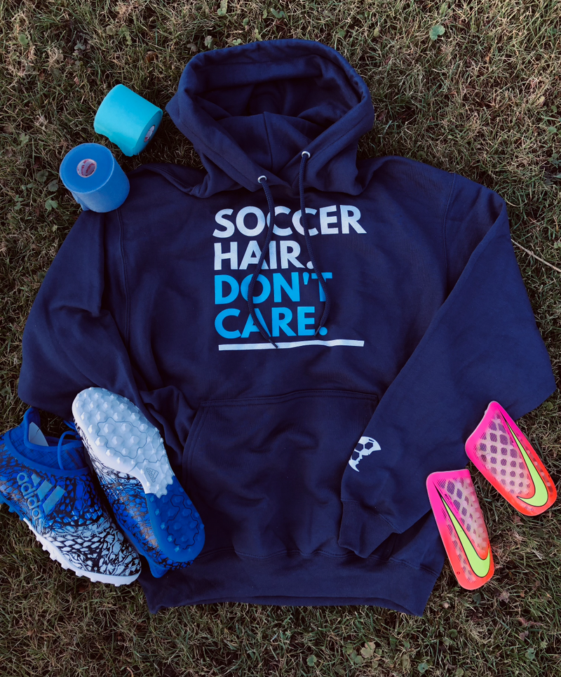 soccer hair don't care blue hooded sweatshirt by soccergrlprobs